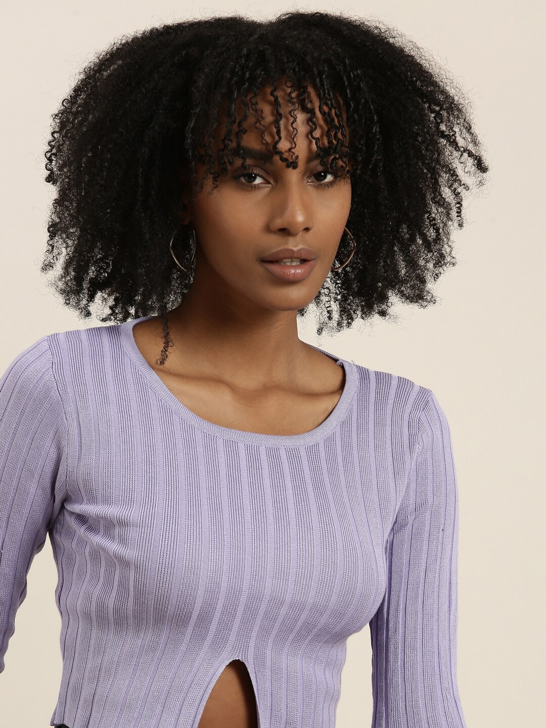 

SHOWOFF Ribbed Cut Outs Cotton Crop Top, Lavender