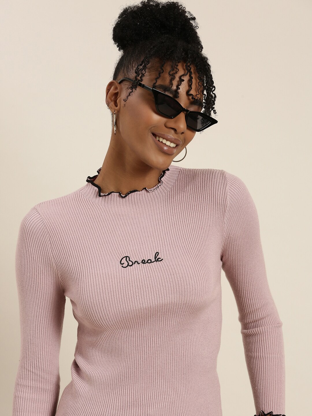 

SHOWOFF High Neck Ribbed Acrylic Fitted Top, Mauve