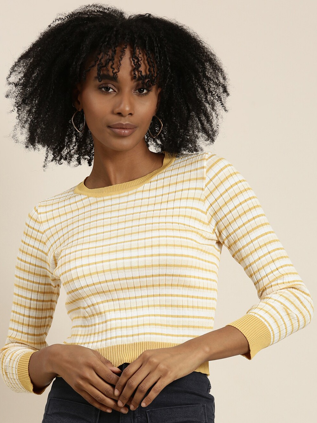 

SHOWOFF Striped Round Neck Cotton Fitted Top, Mustard