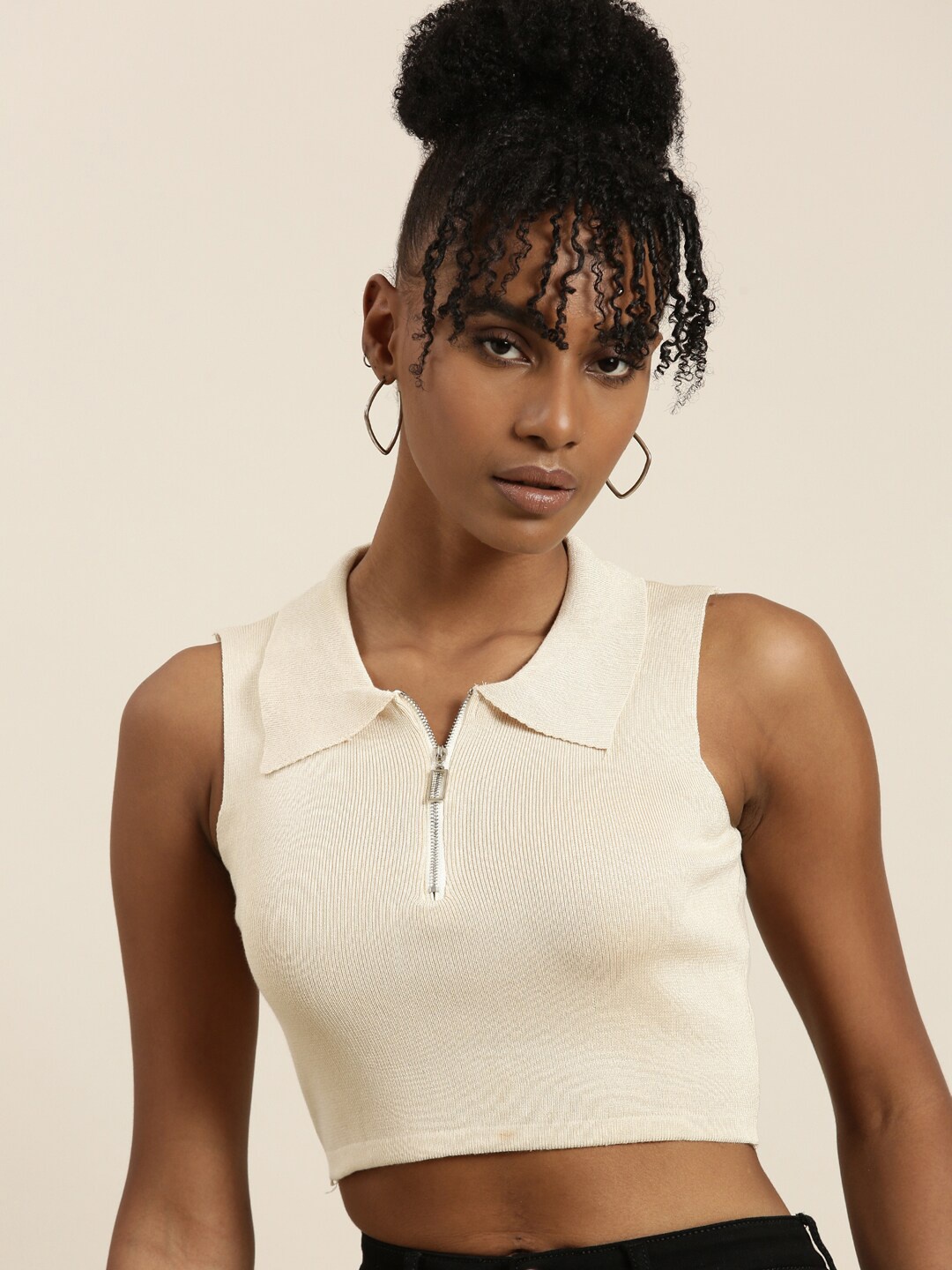 

SHOWOFF Shirt Collar Sleeveless Cotton Fitted Crop Top, Beige