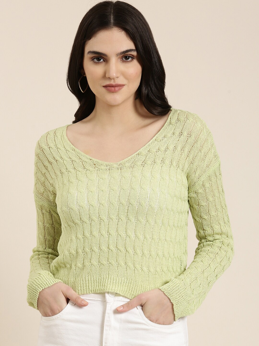 

SHOWOFF Self Design V-Neck Woollen Top, Green