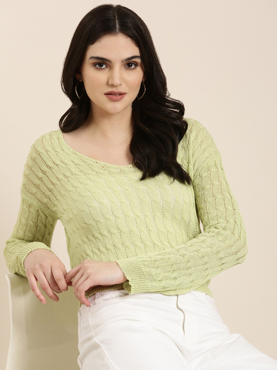 

SHOWOFF Self Design V-Neck Woollen Top, Green