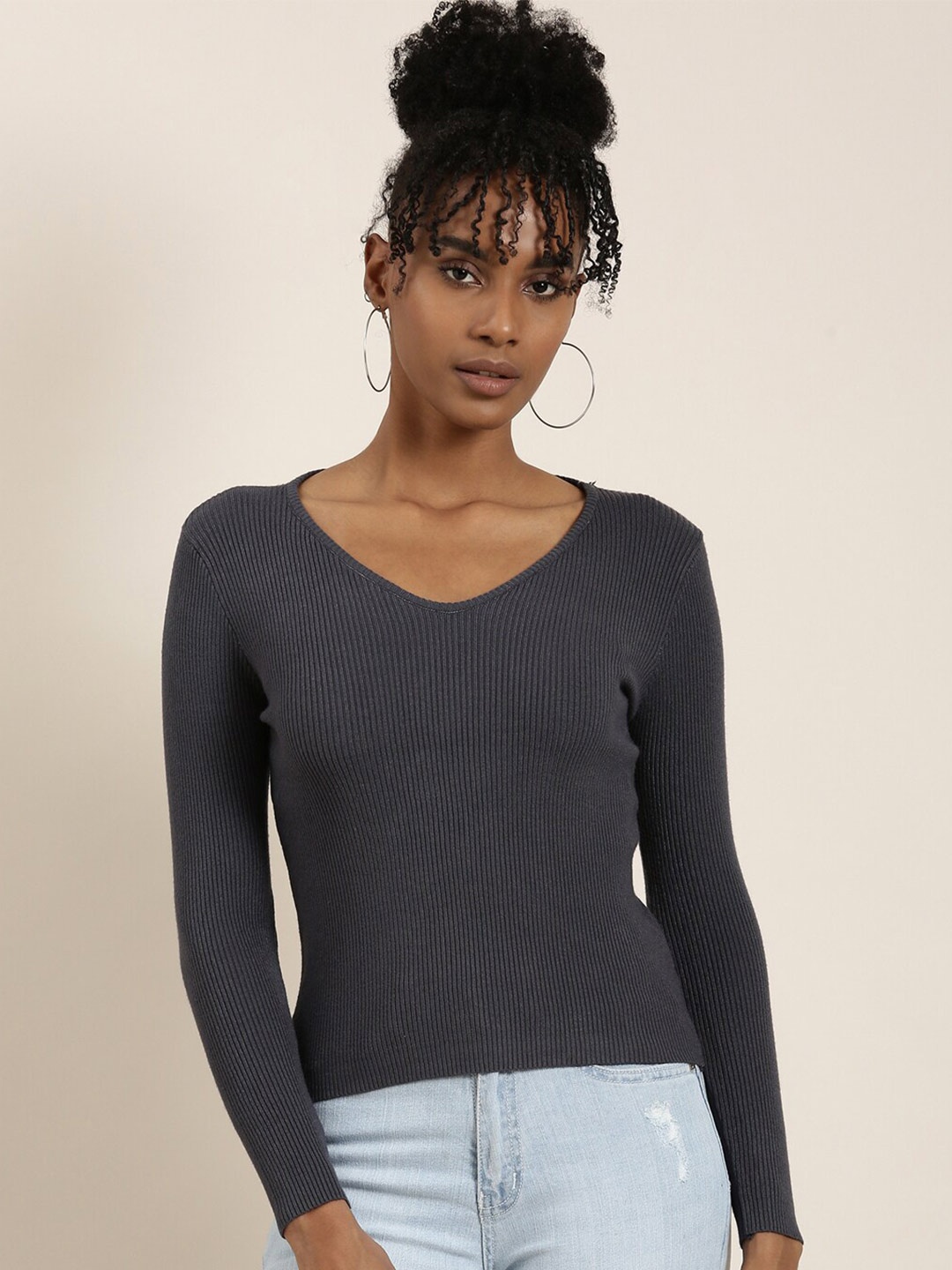 

SHOWOFF V-Neck Long Sleeves Fitted Top, Grey