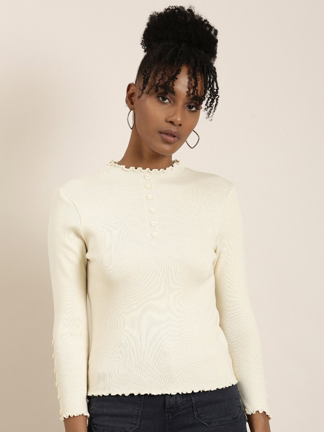 

SHOWOFF High Neck Cotton Fitted Top, Cream