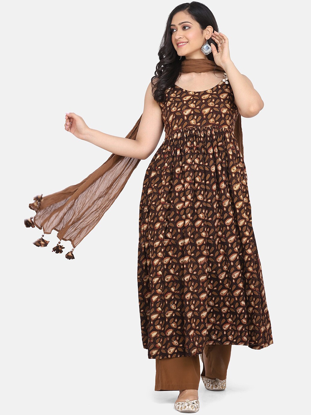 

KALINI Ethnic Motifs Printed Pleated Pure Cotton Kurta With Palazzos & Dupatta, Brown