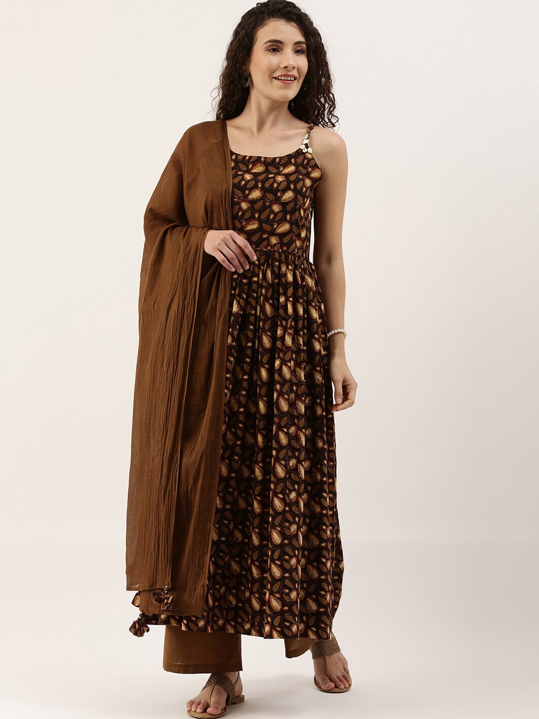 

KALINI Ethnic Motifs Printed Pleated Pure Cotton Kurta With Palazzos & Dupatta, Brown