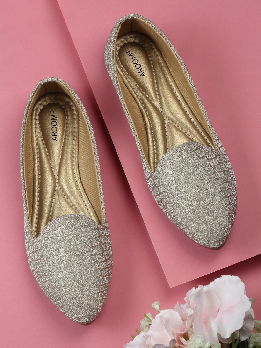 

AROOM Embellished Pointed Toe Leather Ballerinas, Gold