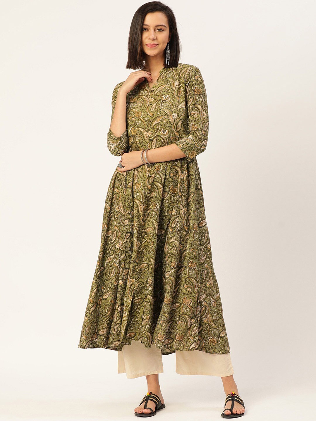 

KALINI Paisley Printed Regular Pure Cotton Kurta With Palazzos, Olive