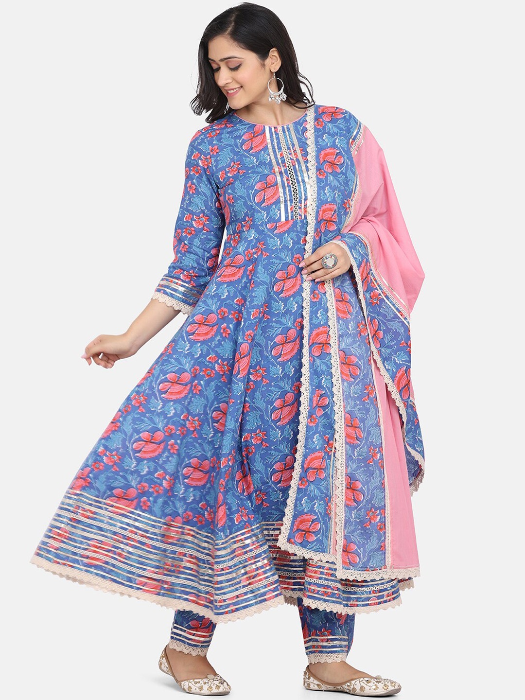 

KALINI Floral Printed Pure Cotton Kurta With Trousers & Dupatta, Blue