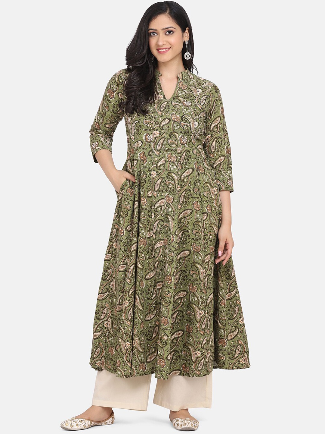 

KALINI Paisley Printed Regular Pure Cotton Kurta With Palazzos, Olive