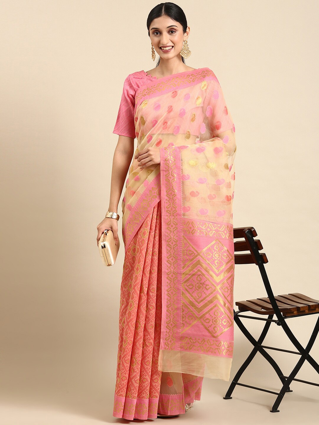 

KALINI Paisley Woven Design Zari Silk Cotton Banarasi Saree, Peach