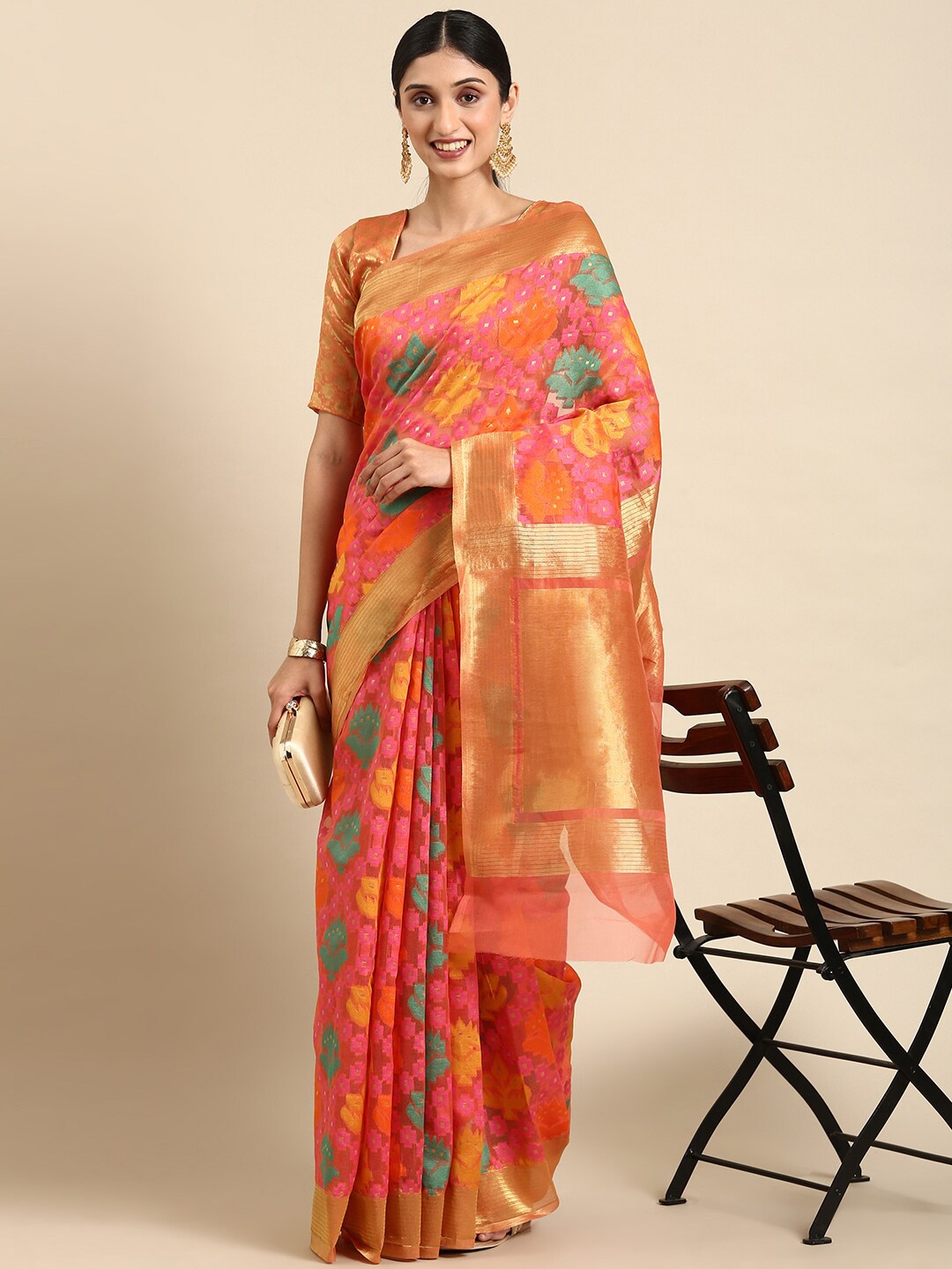 

KALINI Woven Design Zari Silk Cotton Banarasi Saree, Pink