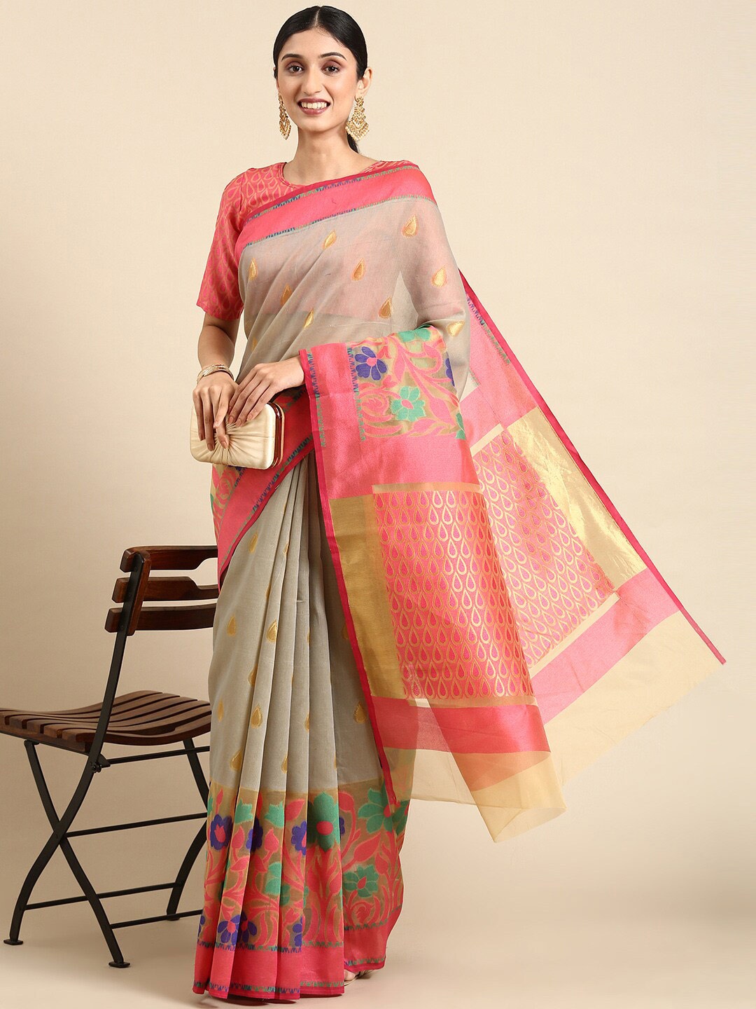 

KALINI Ethnic Motif Woven Design Zari Silk Cotton Banarasi Saree, Grey