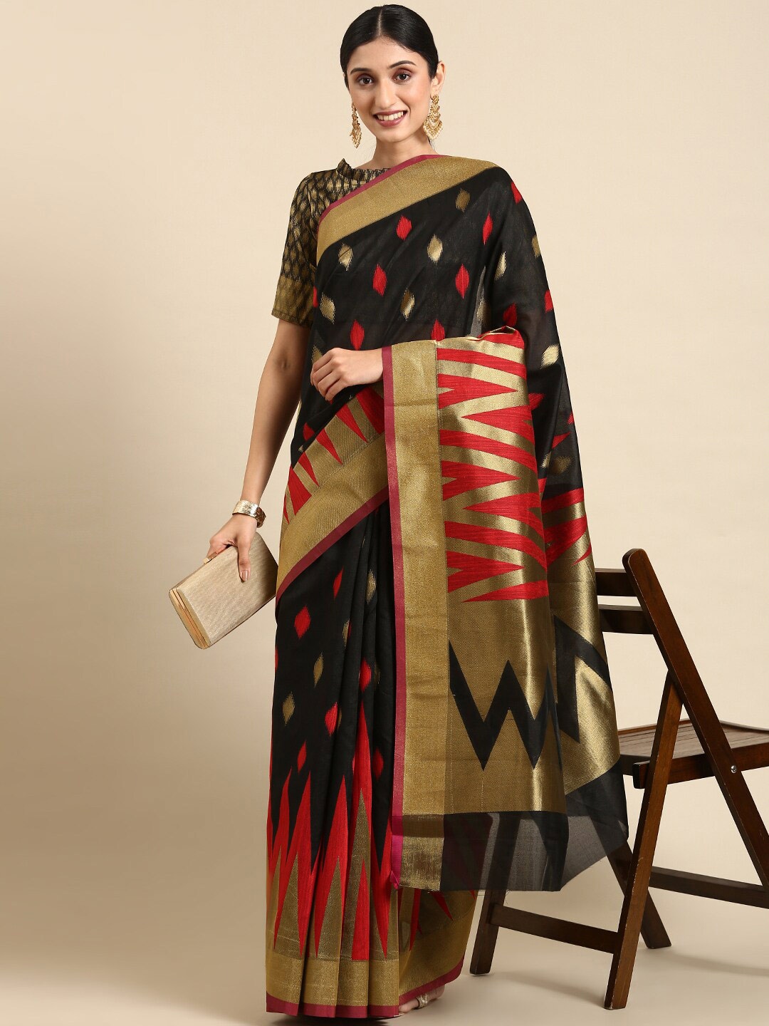 

KALINI Ethnic Motif Woven Design Zari Silk Cotton Banarasi Saree, Black