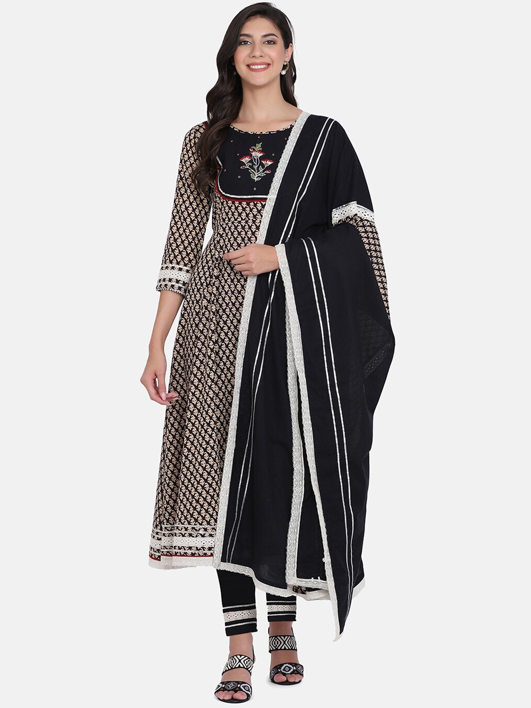 

KALINI Ethnic Motifs Printed Pure Cotton Kurta With Trousers & Dupatta, Black