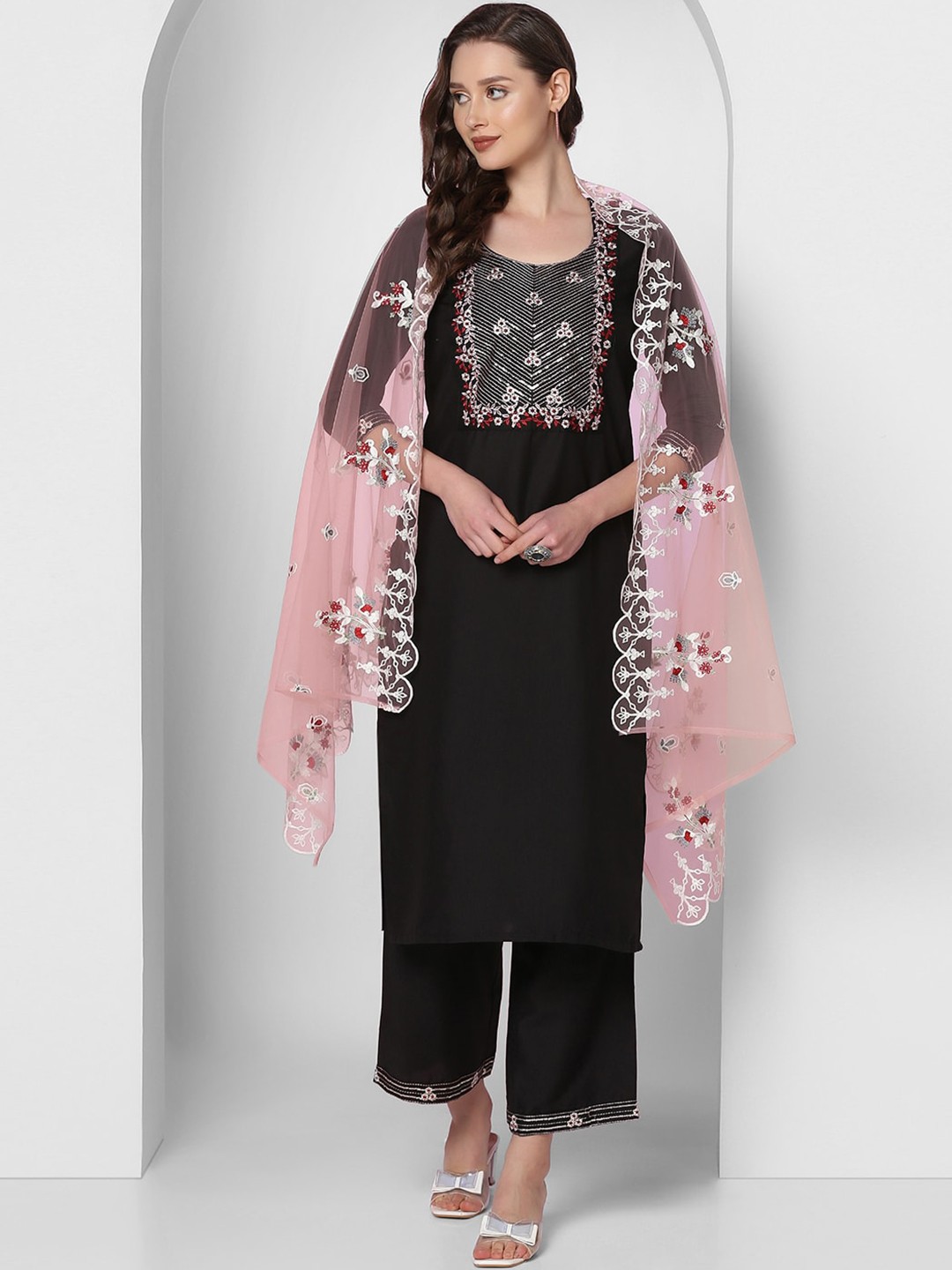

KALINI Floral Yoke Design Thread Work Kurta with Trousers & With Dupatta, Black