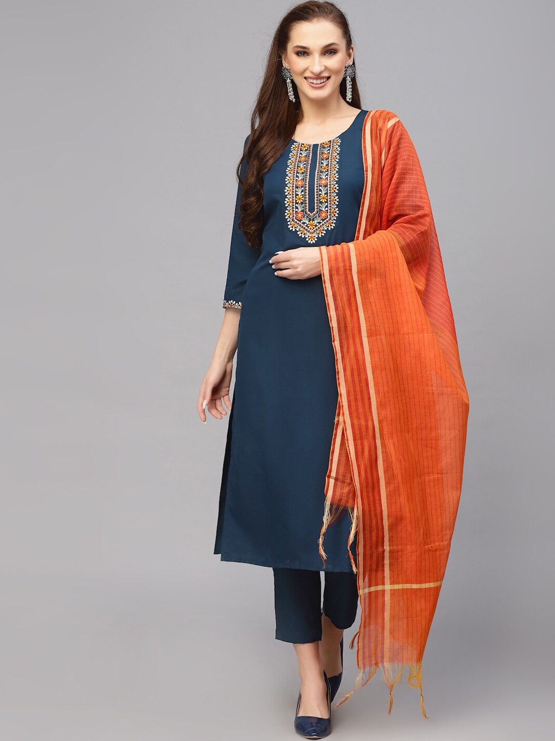 

KALINI Floral Yoke Design Thread Work Kurta with Trousers & With Dupatta, Blue