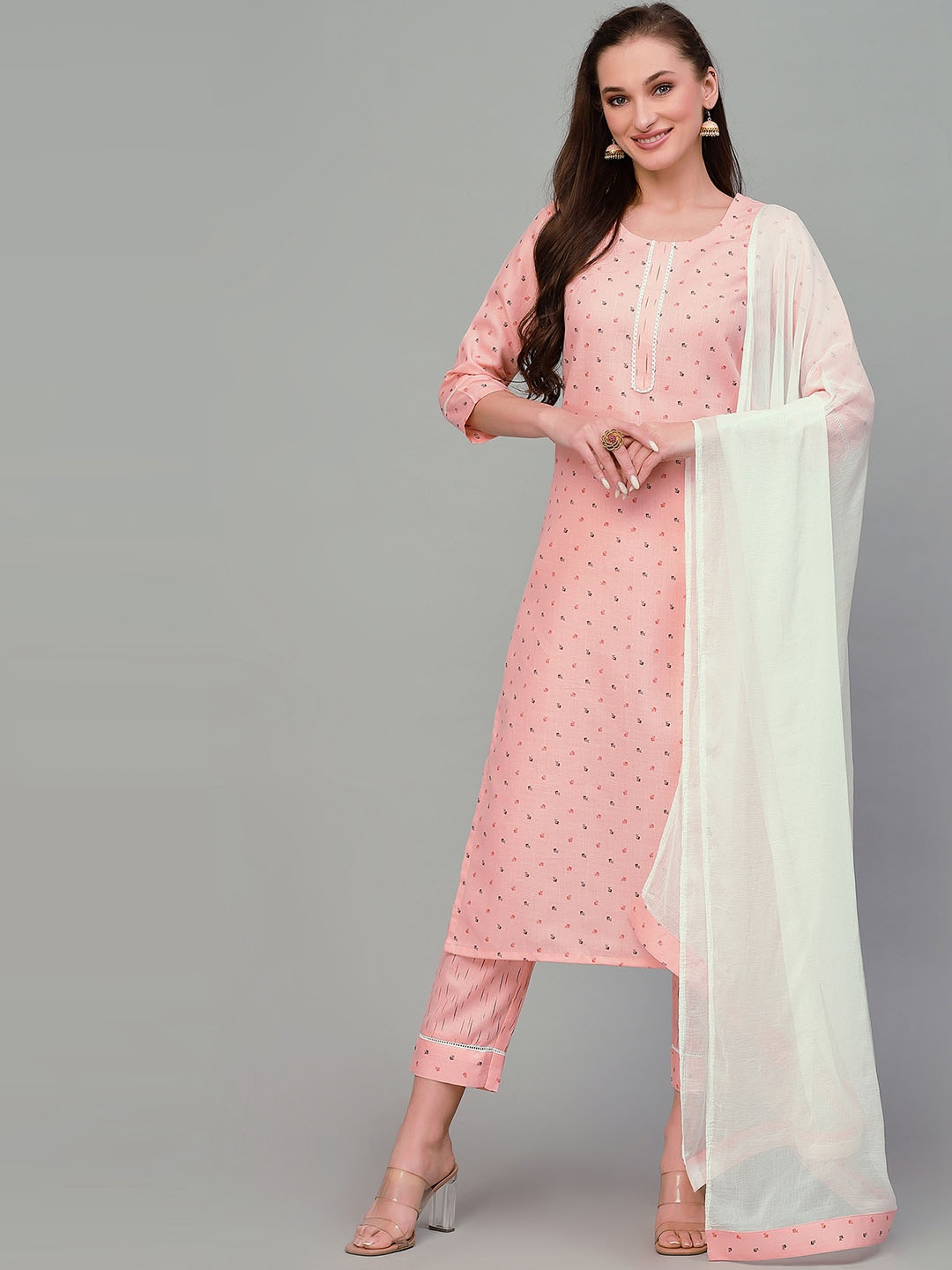 

KALINI Floral Printed Regular Kurta & Trousers With Dupatta, Peach