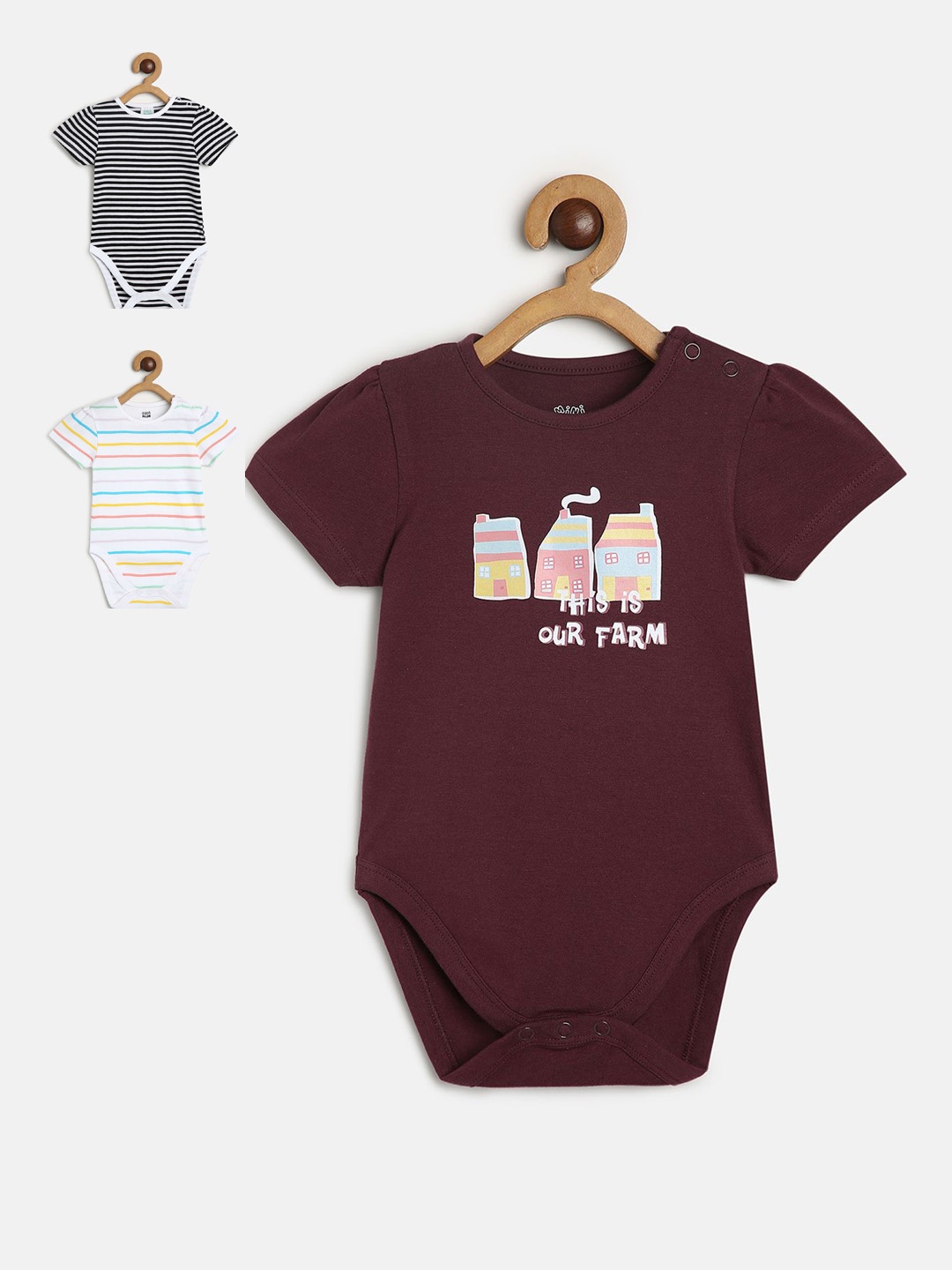 

MINI KLUB Girls Pack Of 3 Graphic Printed Pure Cotton Bodysuits, White