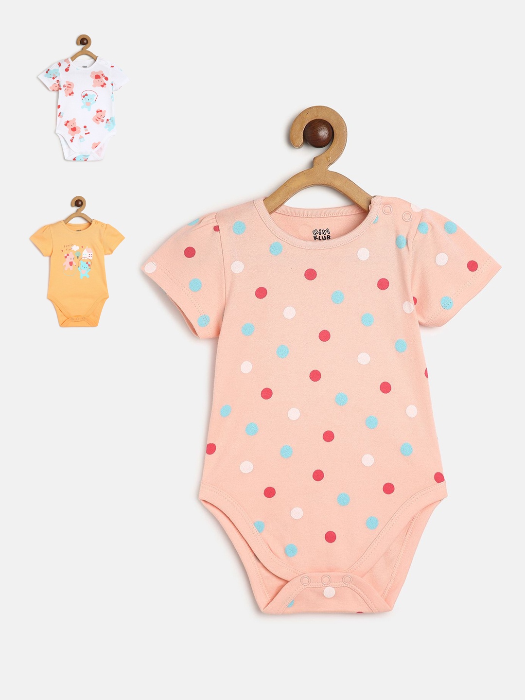 

MINI KLUB Girls Pack Of 3 Printed Pure Cotton Bodysuits, White