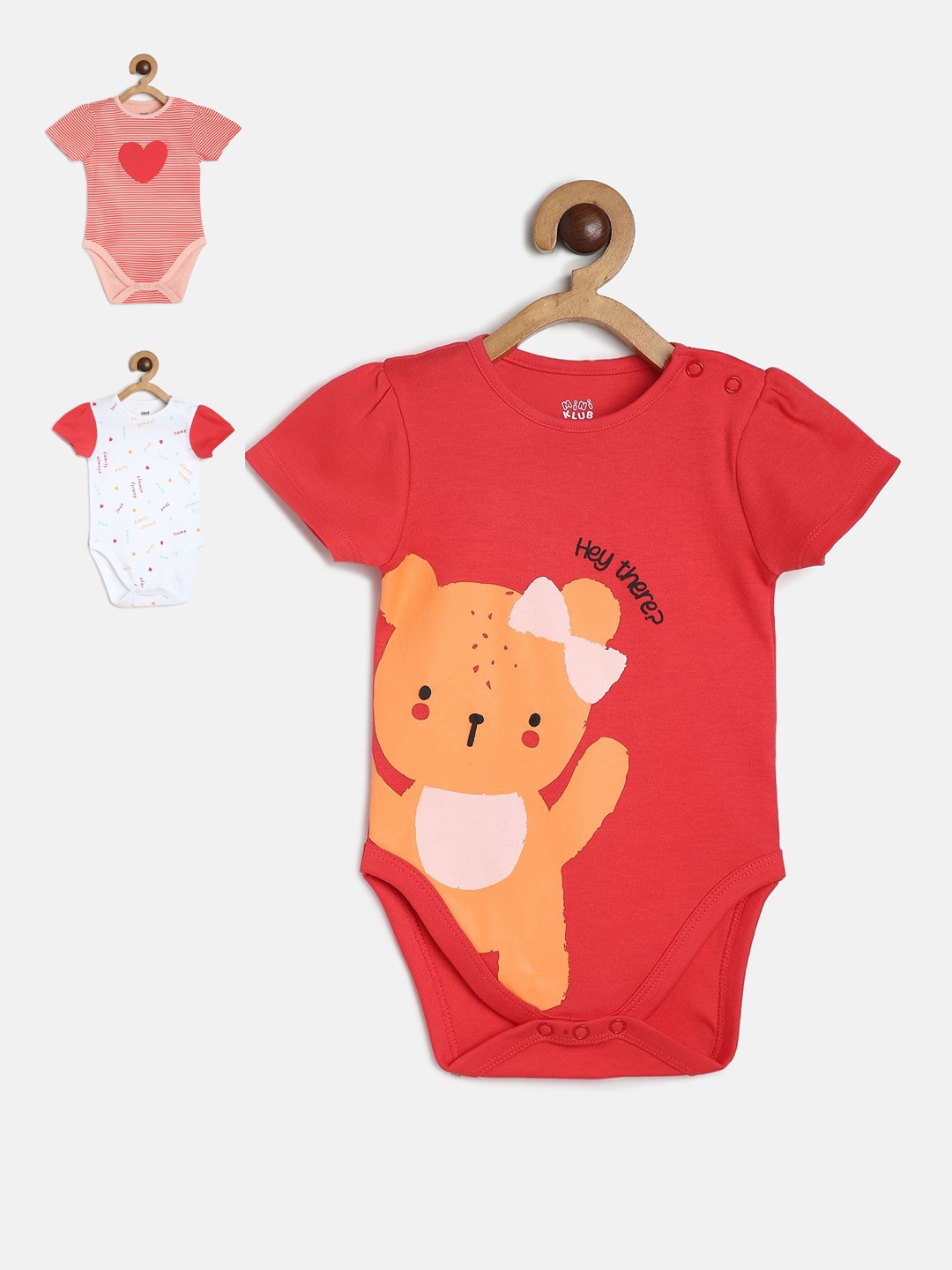 

MINI KLUB Girls Pack Of 3 Graphic Printed Pure Cotton Bodysuit, Red