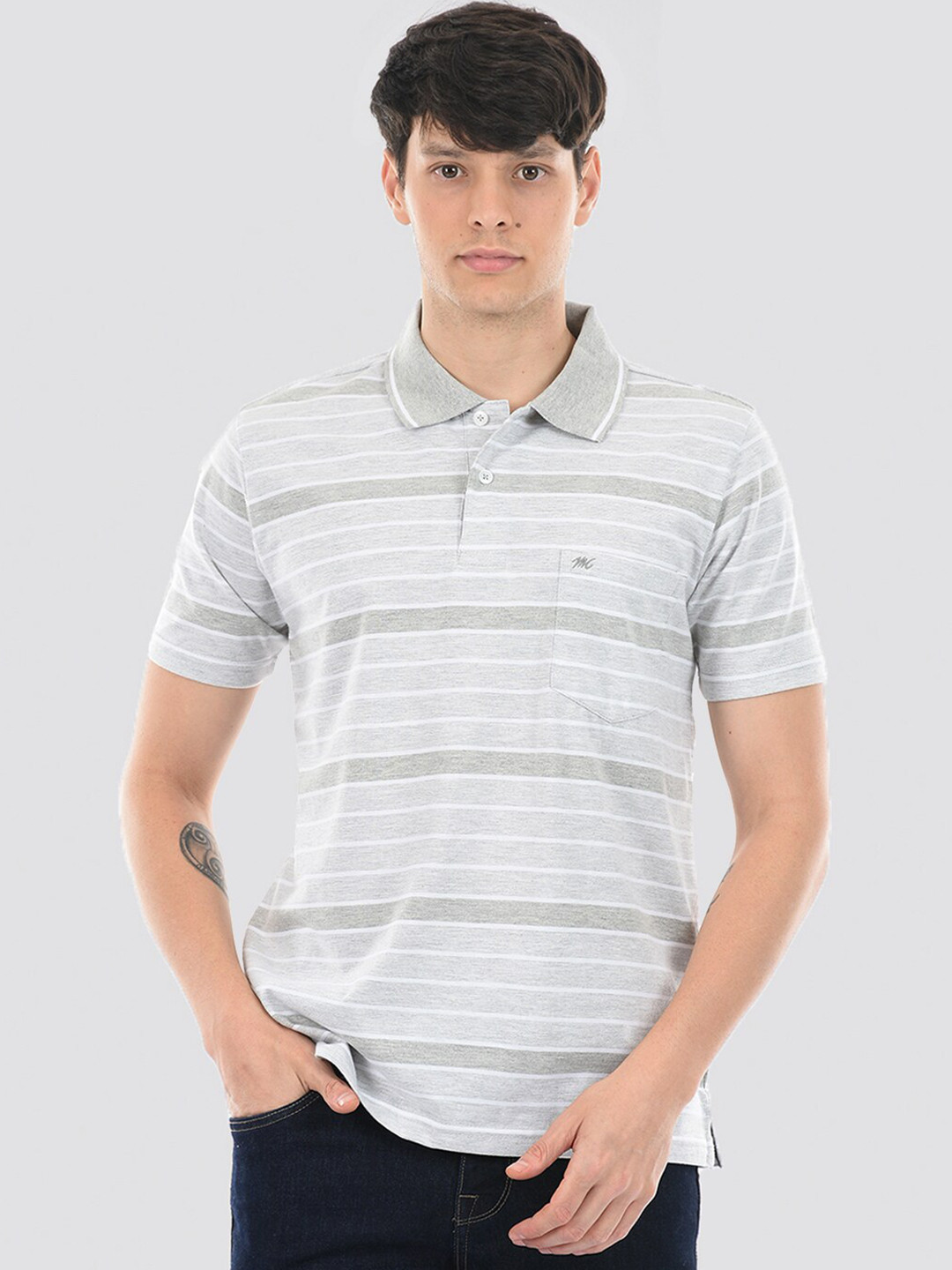 

Monte Carlo Striped Polo Collar Cotton T-shirt, Grey