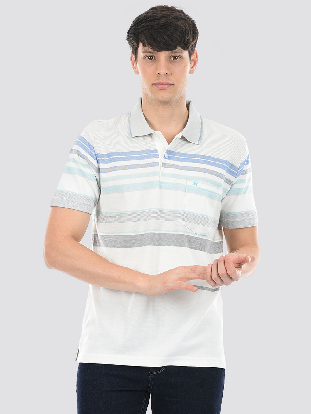 

Monte Carlo Striped Polo Collar Cotton T-shirt, Blue