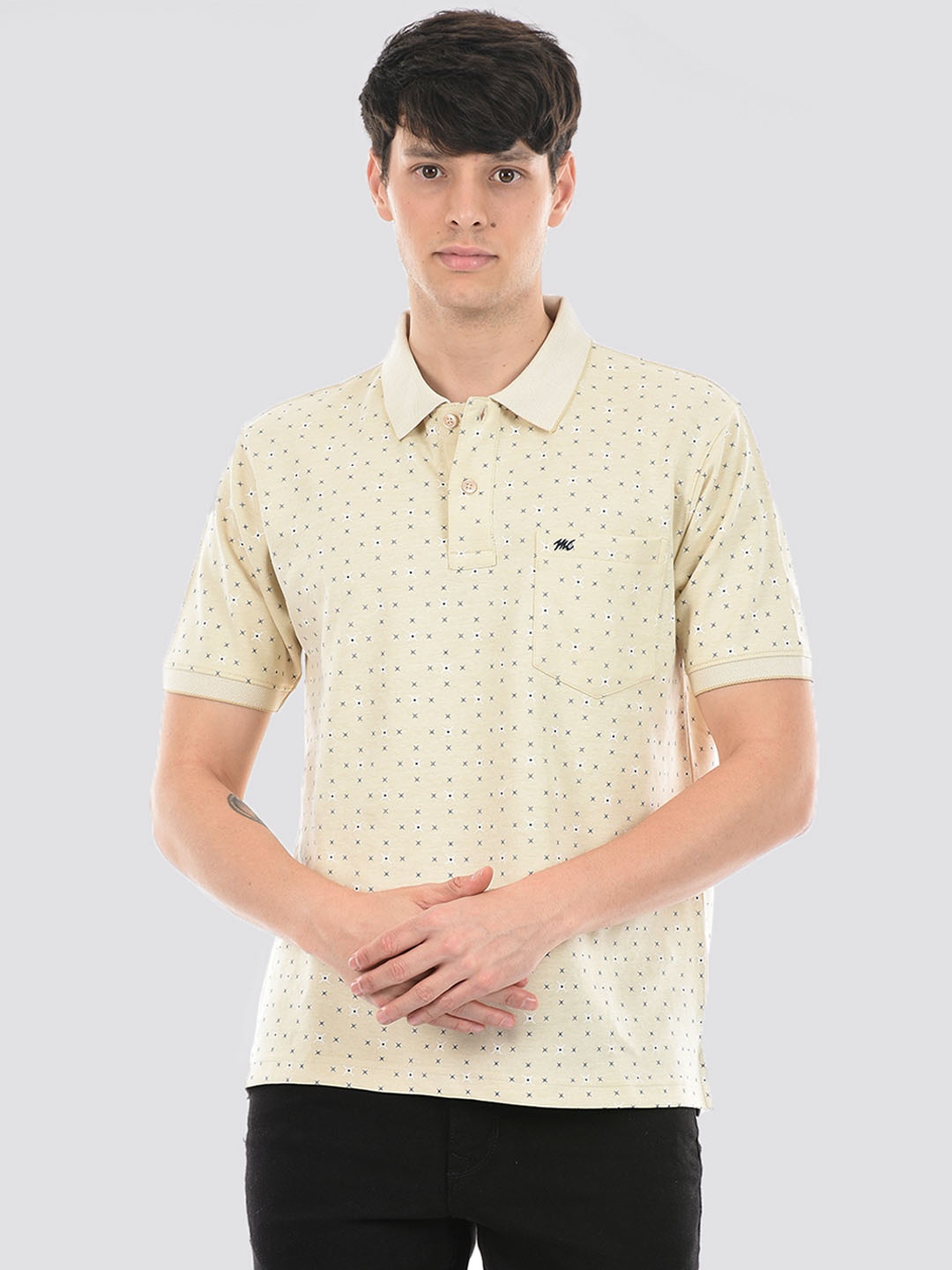 

Monte Carlo Geometric Printed Polo Collar Cotton T-shirt, Beige
