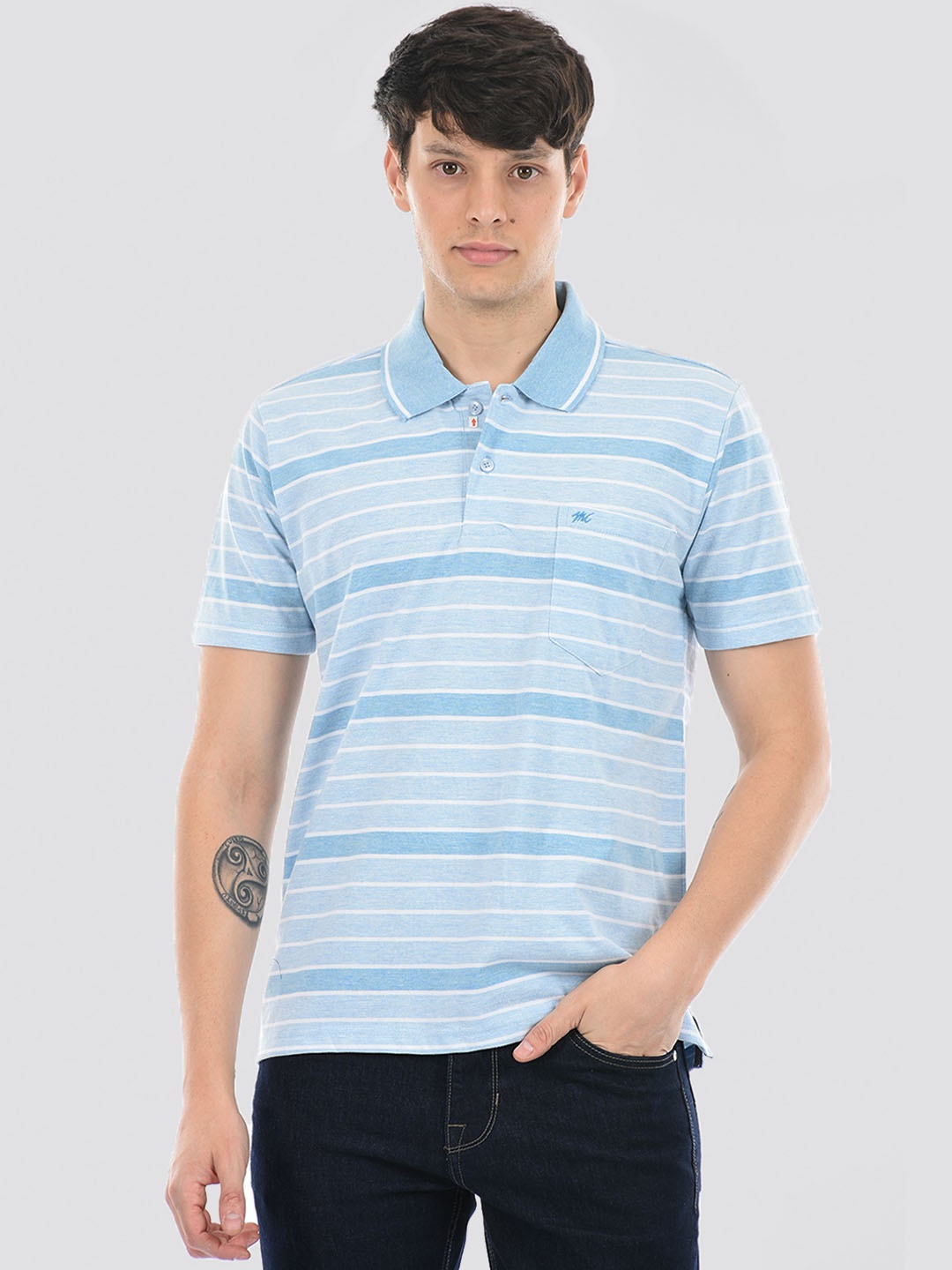 

Monte Carlo Striped Polo Collar Cotton T-shirt, Blue