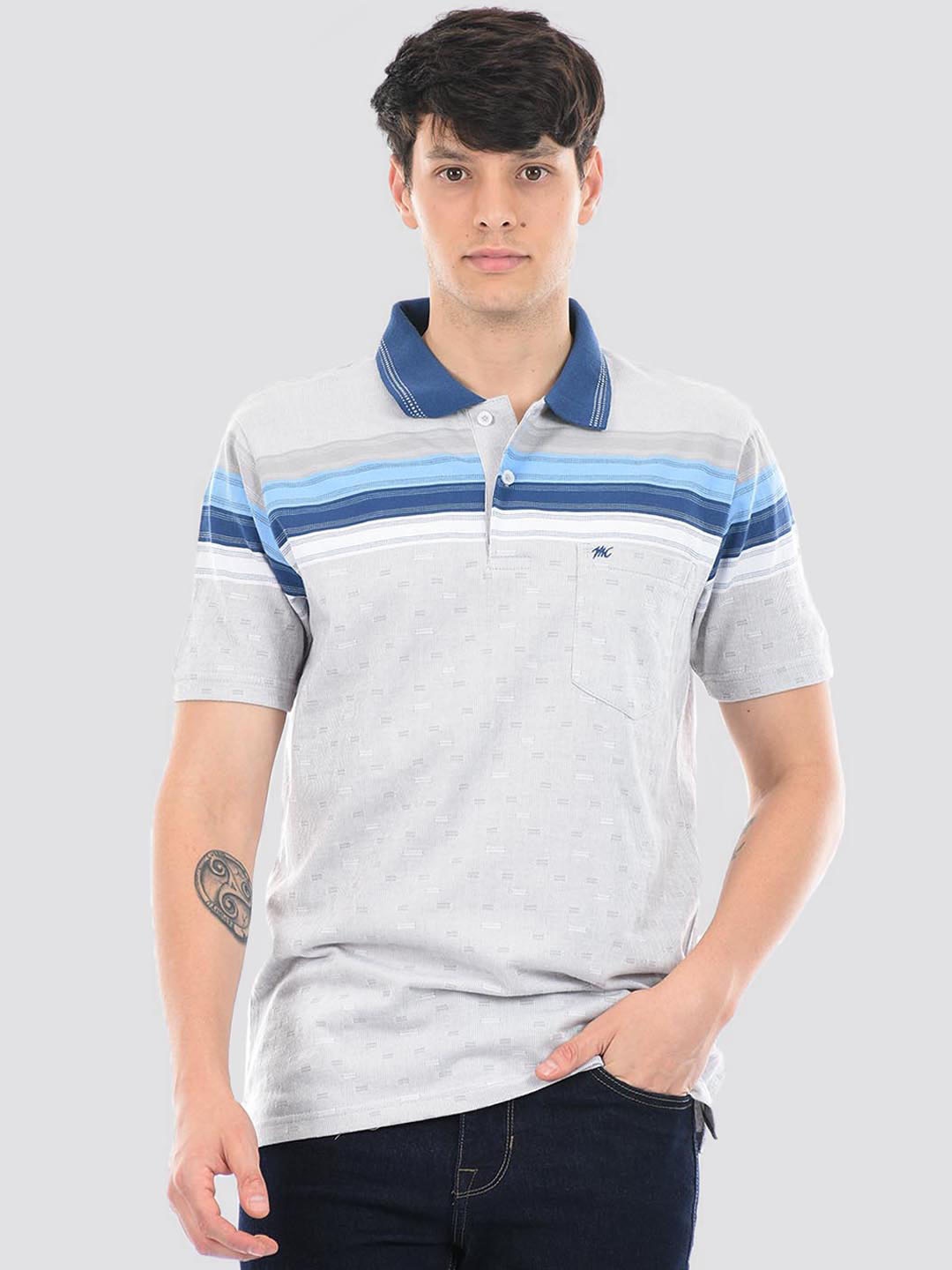 

Monte Carlo Striped Polo Collar Cotton T-shirt, Grey