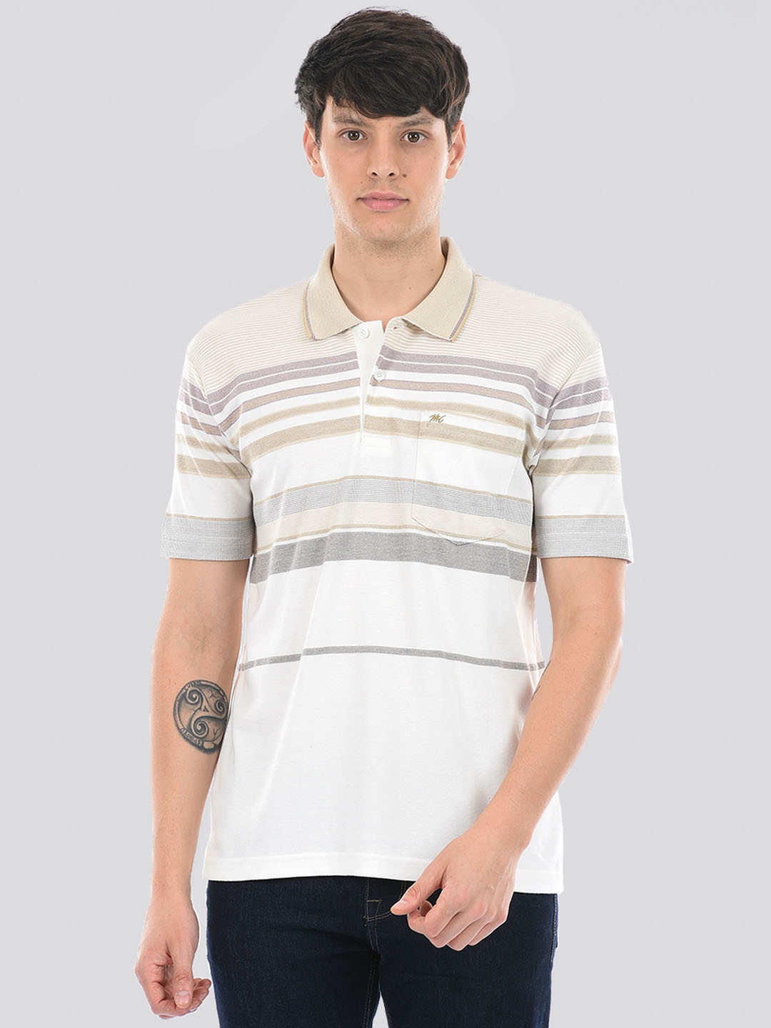 

Monte Carlo Striped Polo Collar Cotton T-shirt, Beige