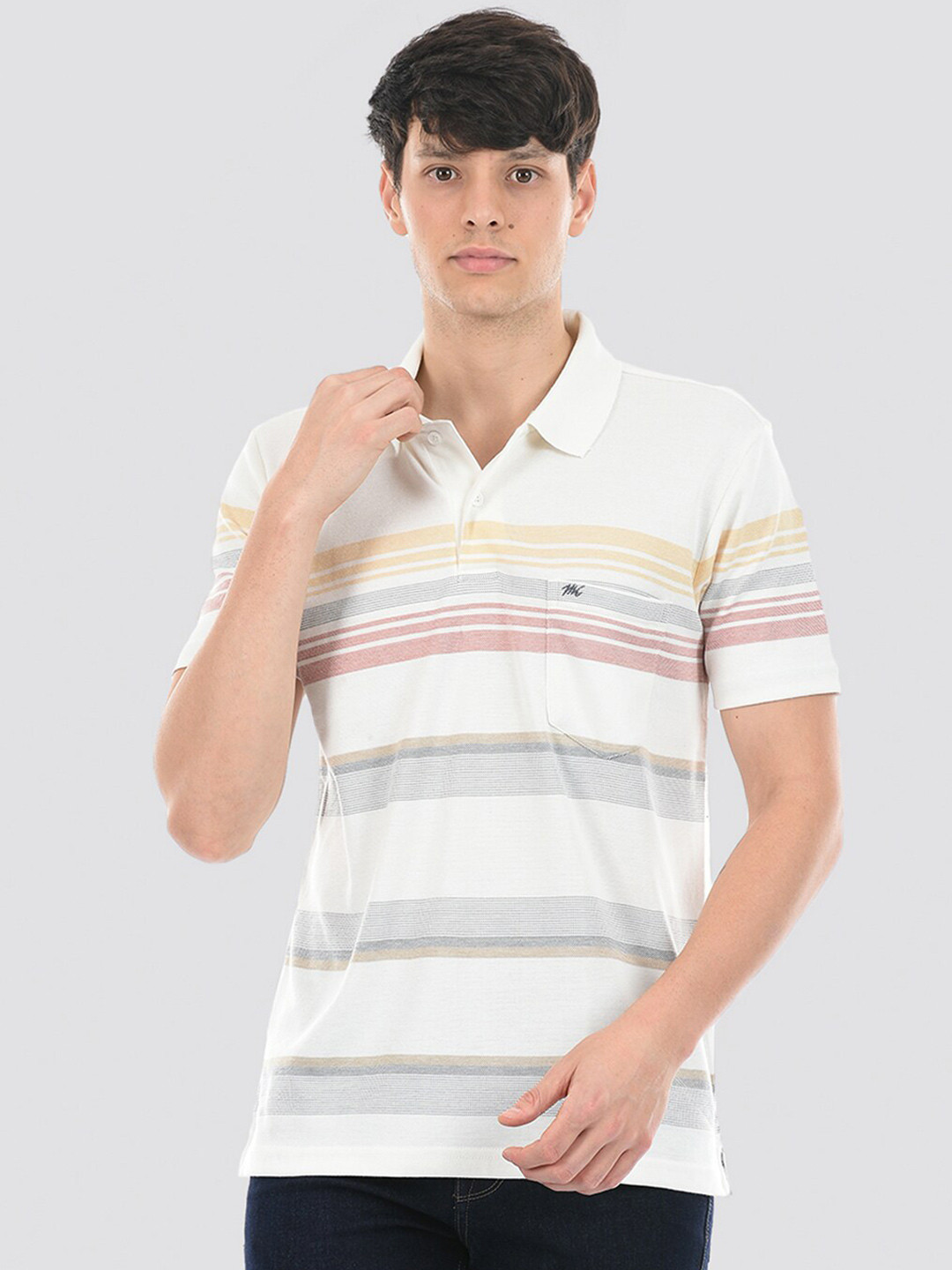 

Monte Carlo Striped Polo Collar Cotton T-shirt, Off white