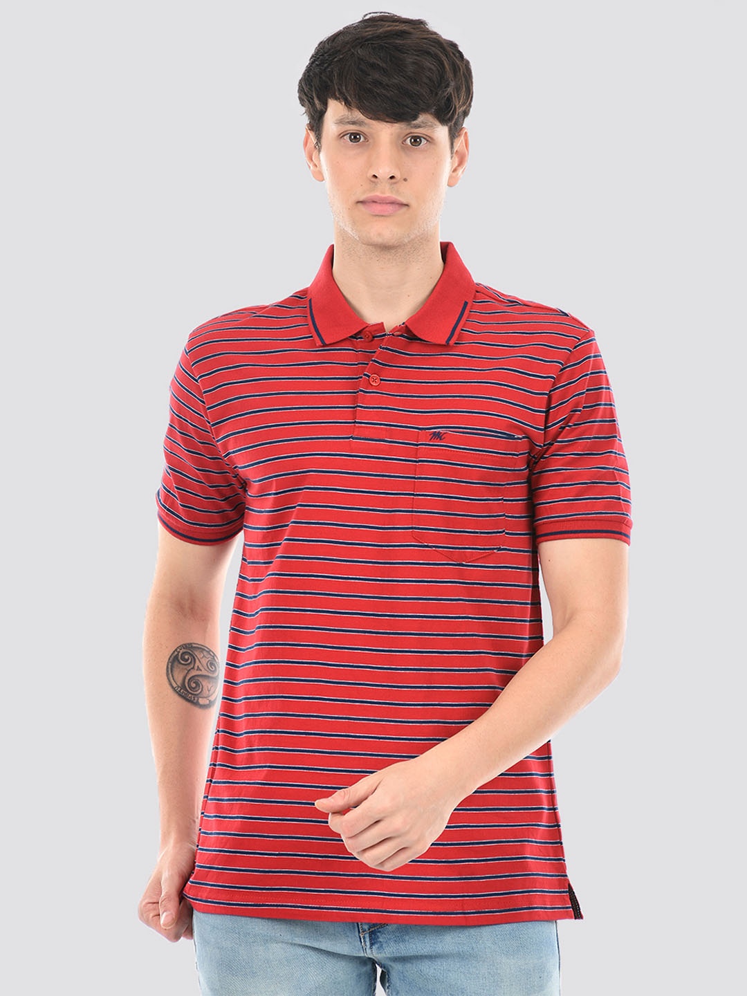 

Monte Carlo Striped Polo Collar Cotton T-shirt, Red