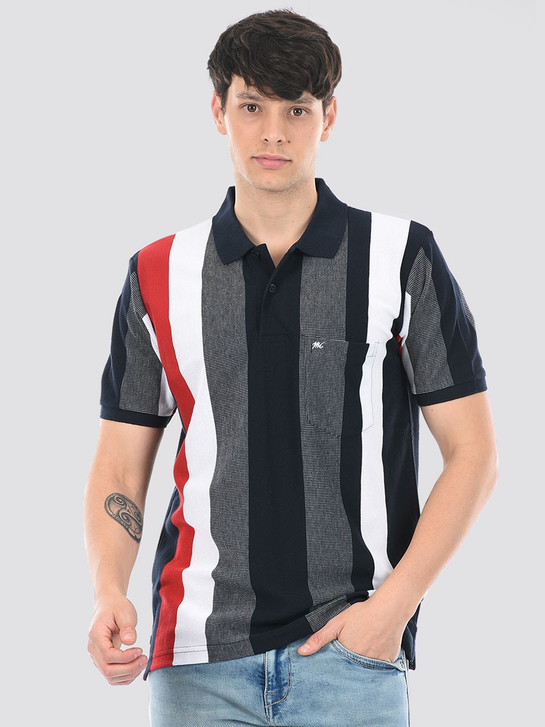 

Monte Carlo Striped Polo Collar Cotton T-shirt, Navy blue