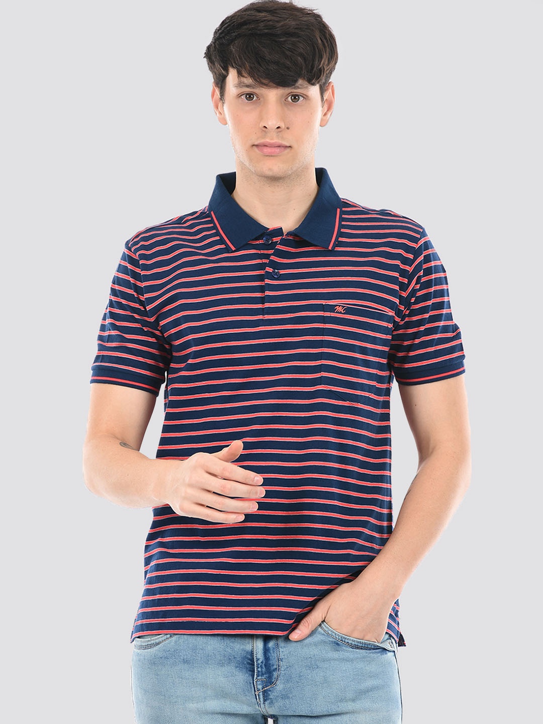 

Monte Carlo Striped Polo Collar Cotton T-shirt, Navy blue