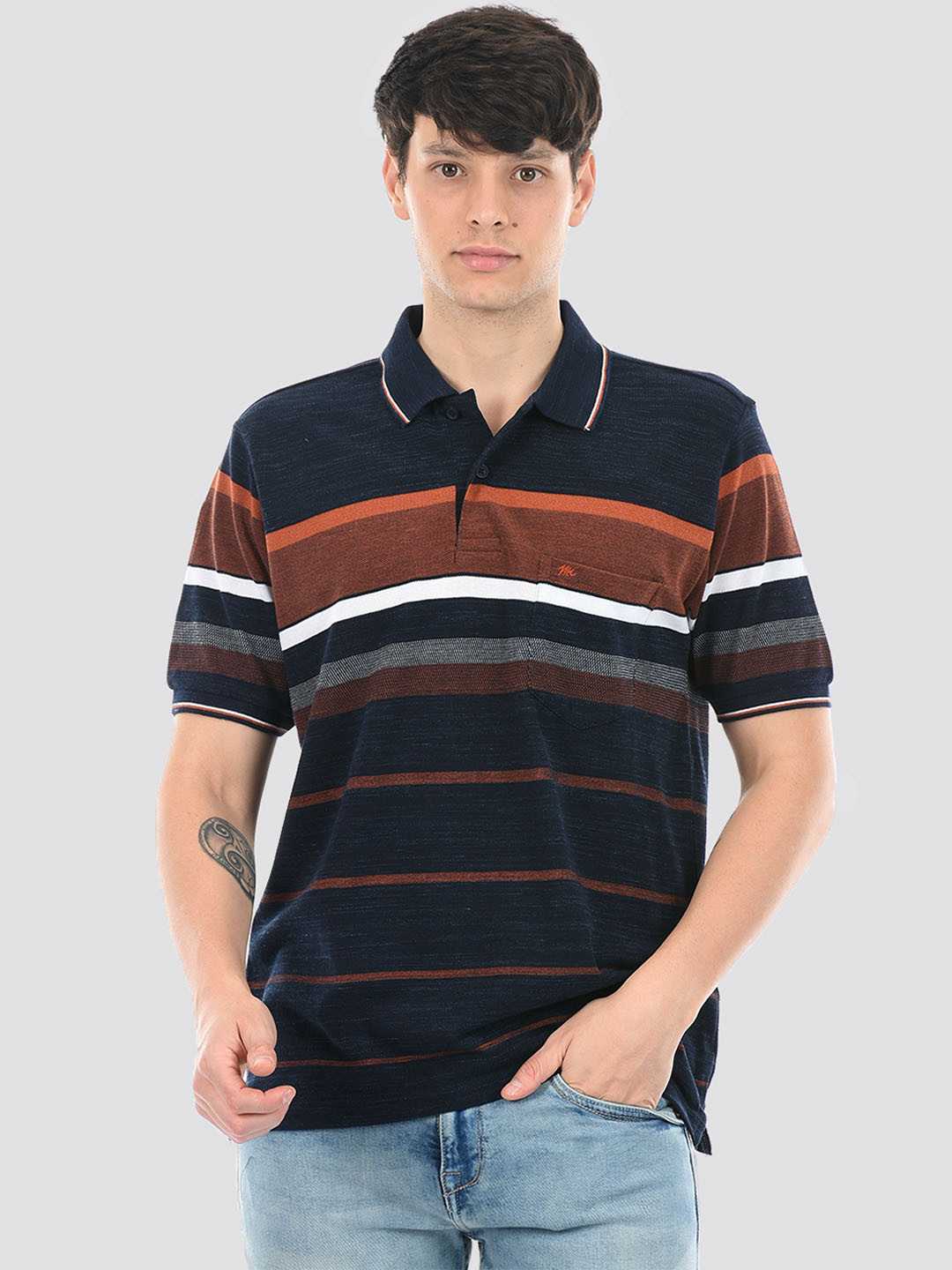 

Monte Carlo Striped Polo Collar Cotton T-shirt, Navy blue