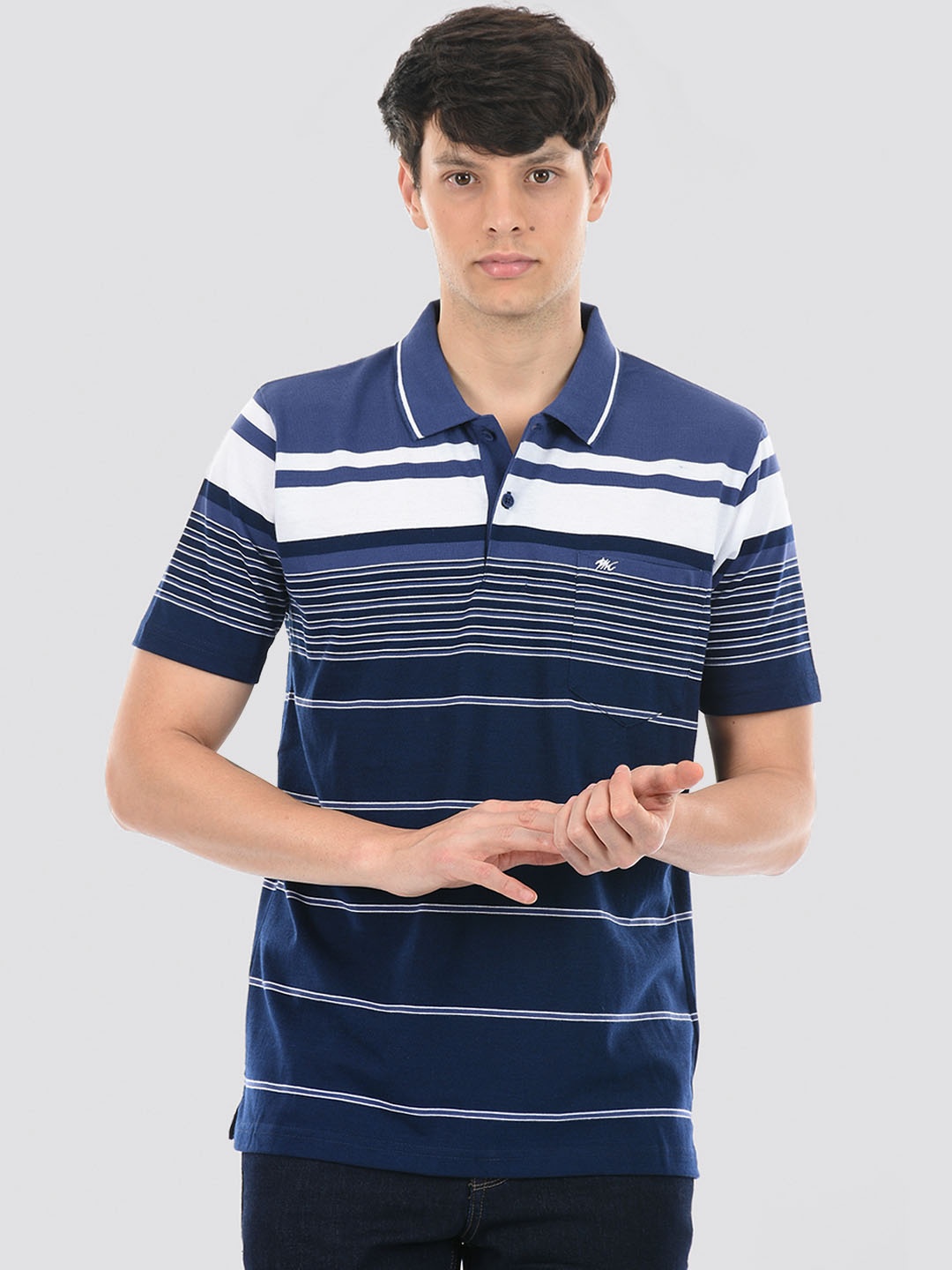 

Monte Carlo Striped Polo Collar Cotton T-shirt, Navy blue