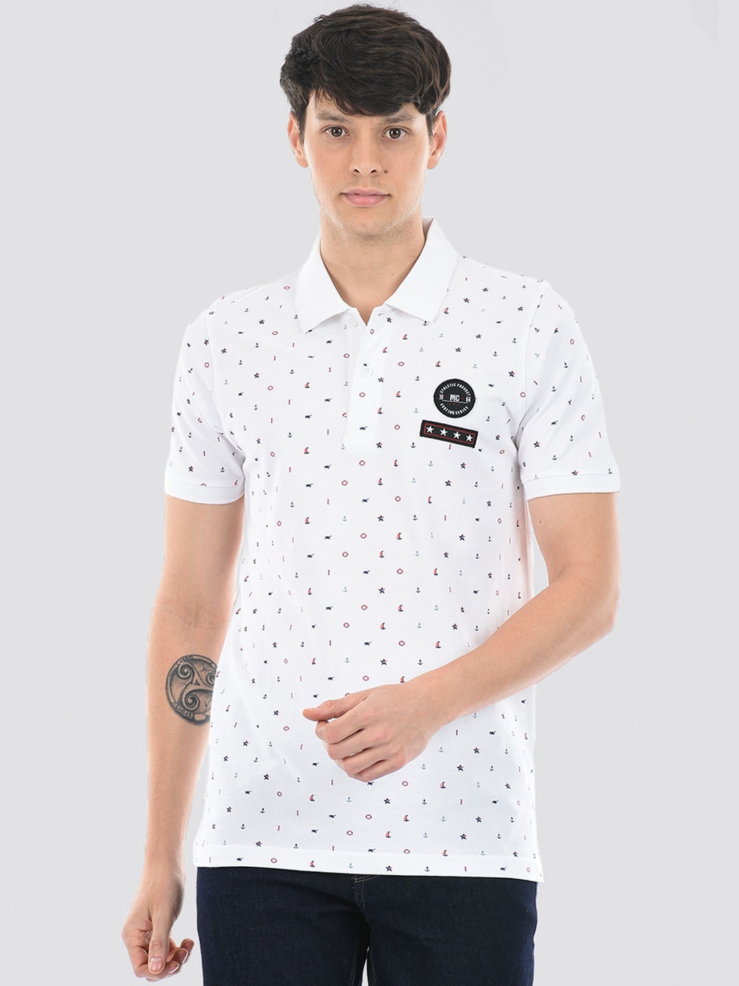 

Monte Carlo Micro Ditsy Printed Polo Collar Cotton T-shirt, White