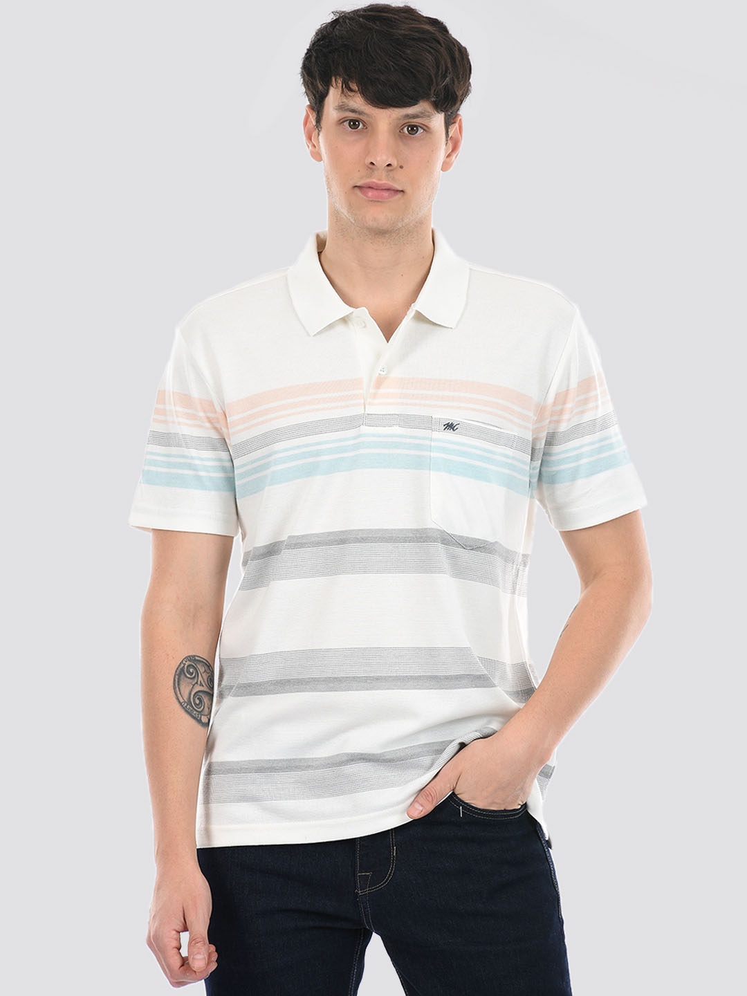 

Monte Carlo Striped Polo Collar Cotton T-shirt, Grey