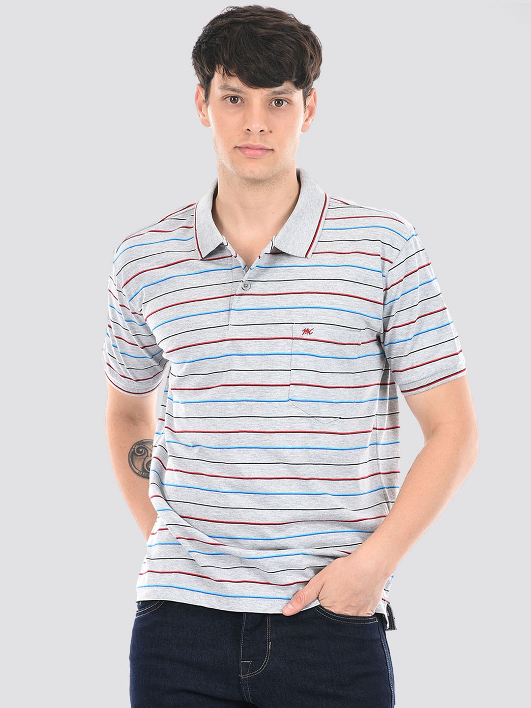 

Monte Carlo Striped Polo Collar Cotton T-shirt, Grey