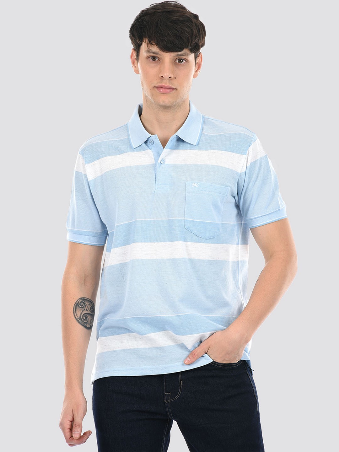 

Monte Carlo Striped Polo Collar Cotton T-shirt, Blue