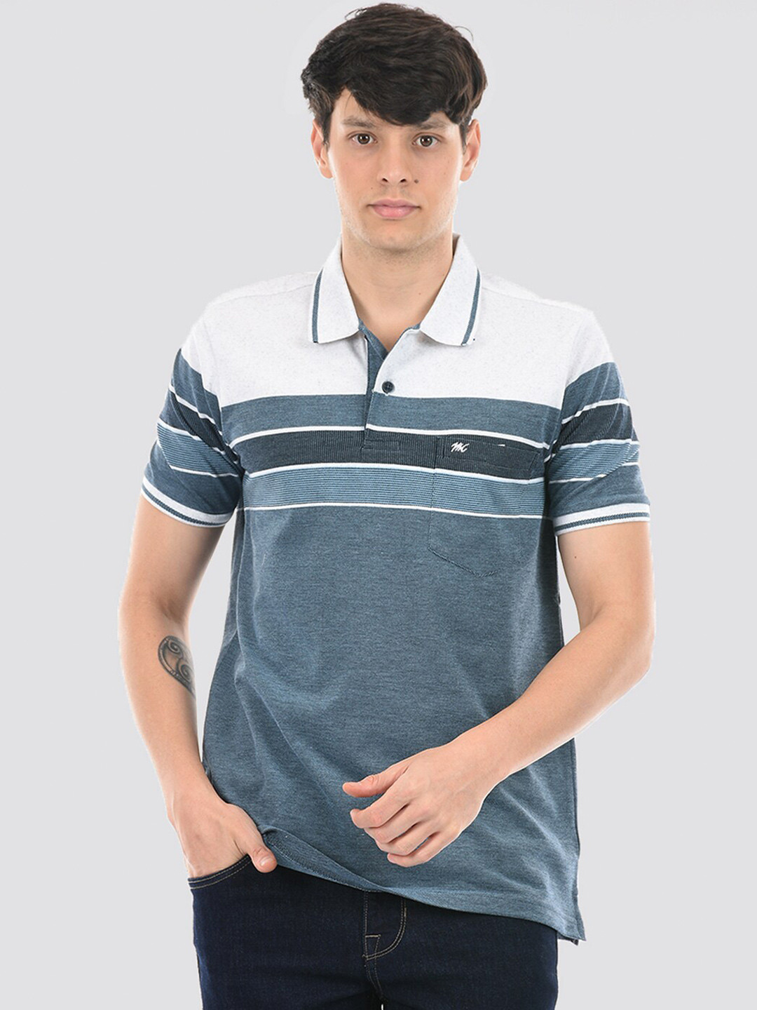 

Monte Carlo Striped Polo Collar Cotton T-shirt, Blue