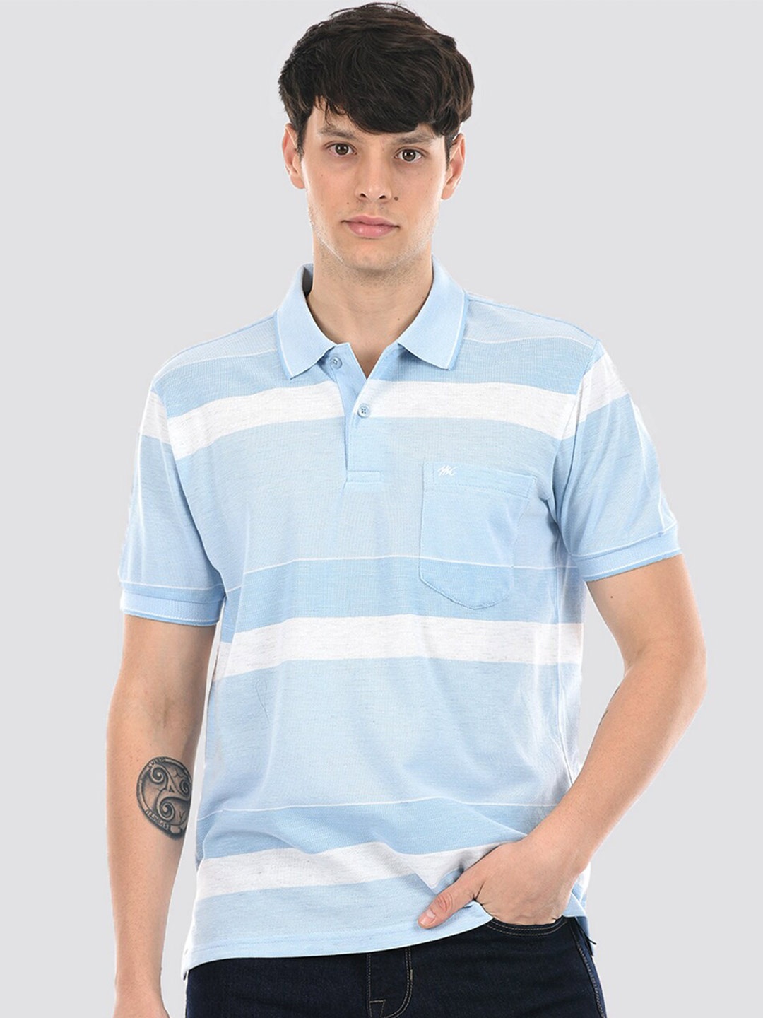 

Monte Carlo Striped Polo Collar Cotton T-shirt, Blue