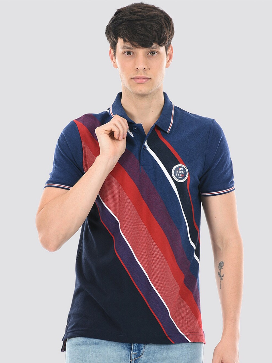 

Monte Carlo Striped Polo Collar Cotton T-shirt, Blue