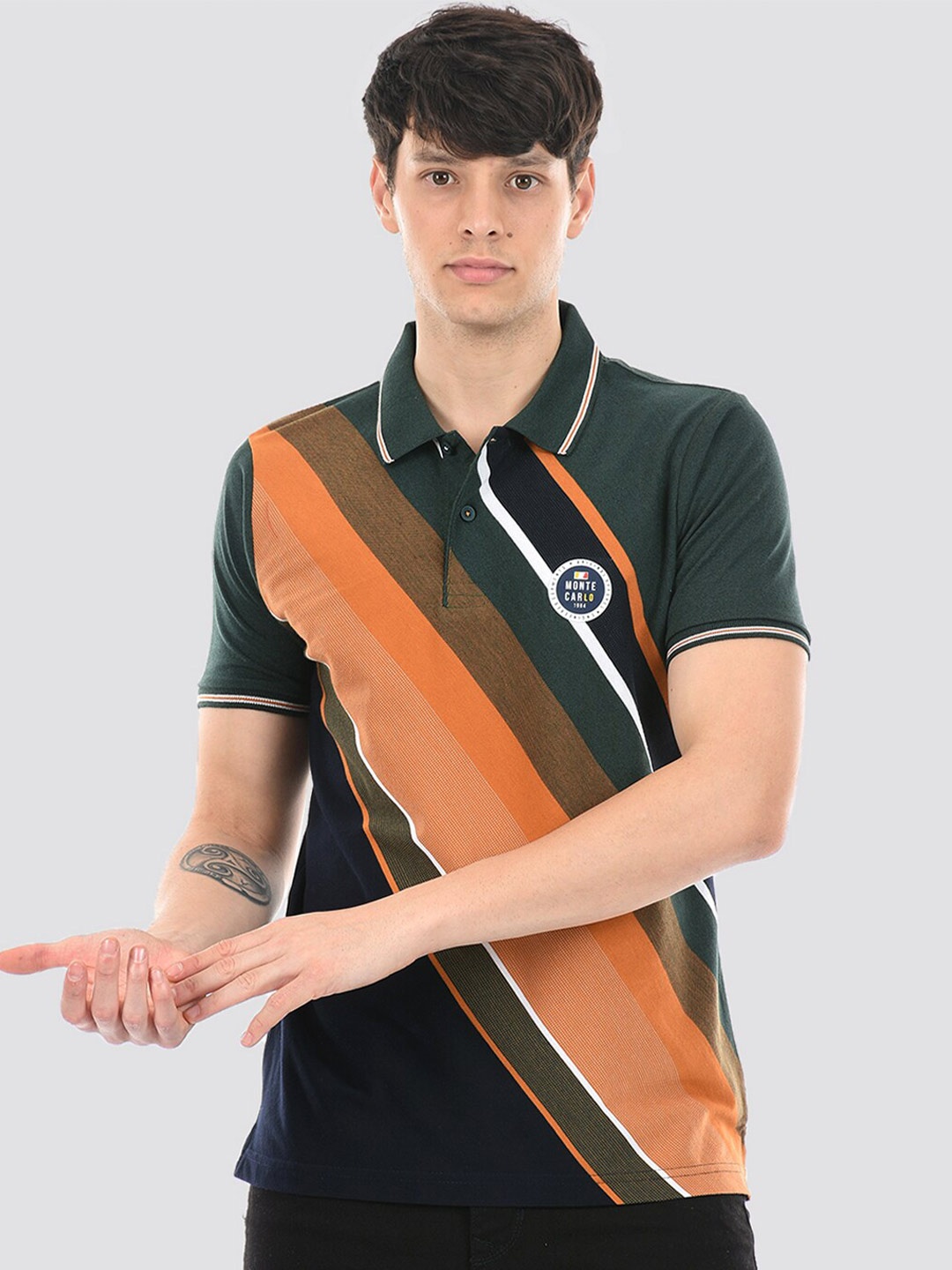 

Monte Carlo Striped Polo Collar Cotton T-shirt, Green