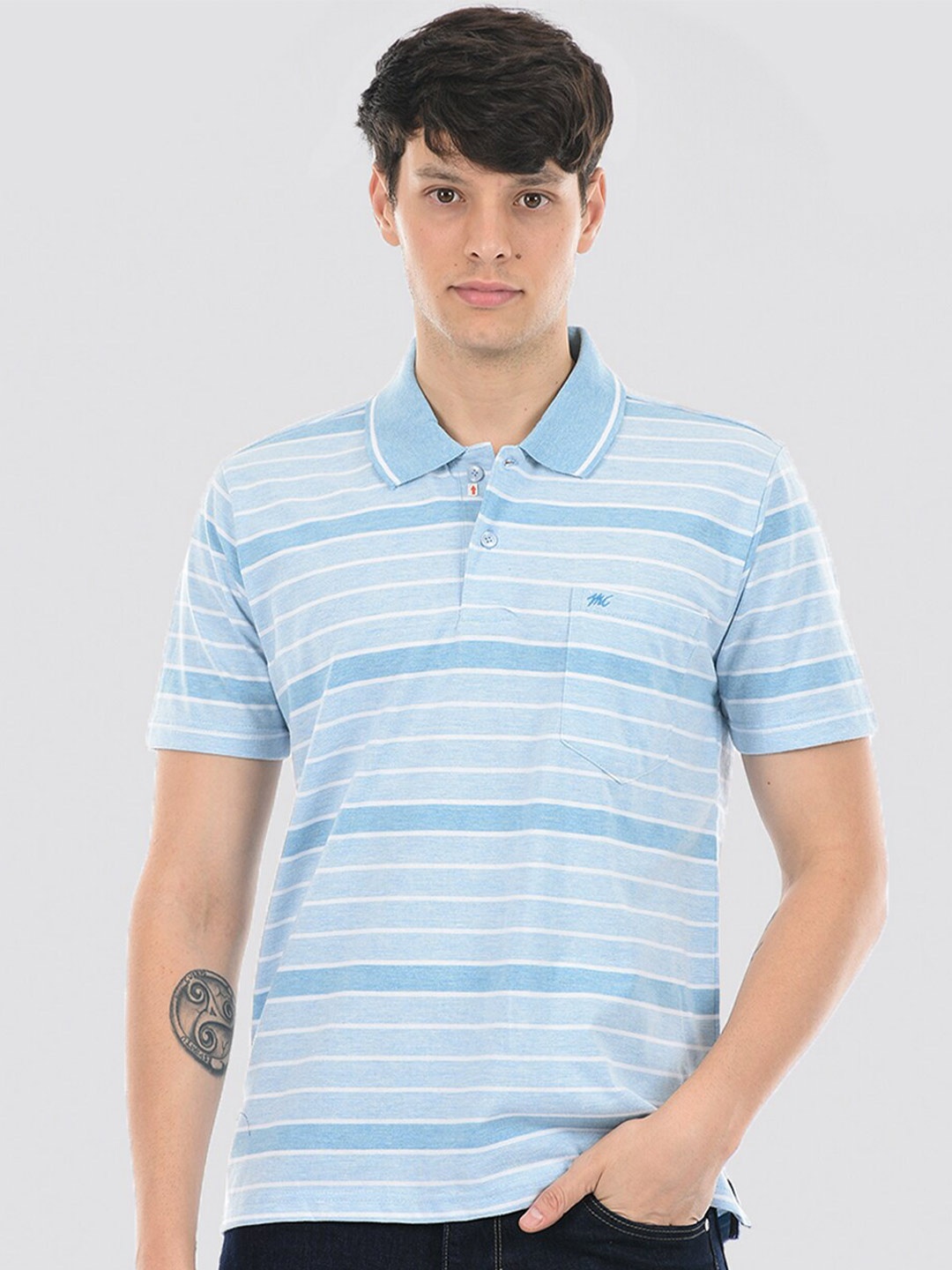 

Monte Carlo Striped Polo Collar Cotton T-shirt, Blue