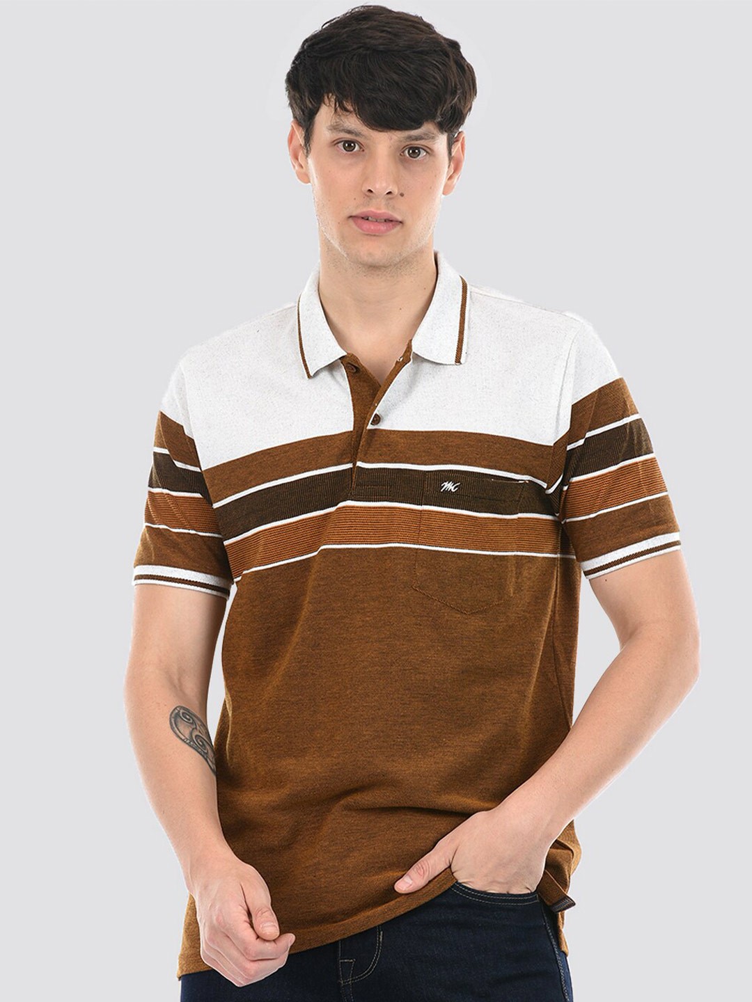 

Monte Carlo Striped Polo Collar Cotton T-shirt, Brown