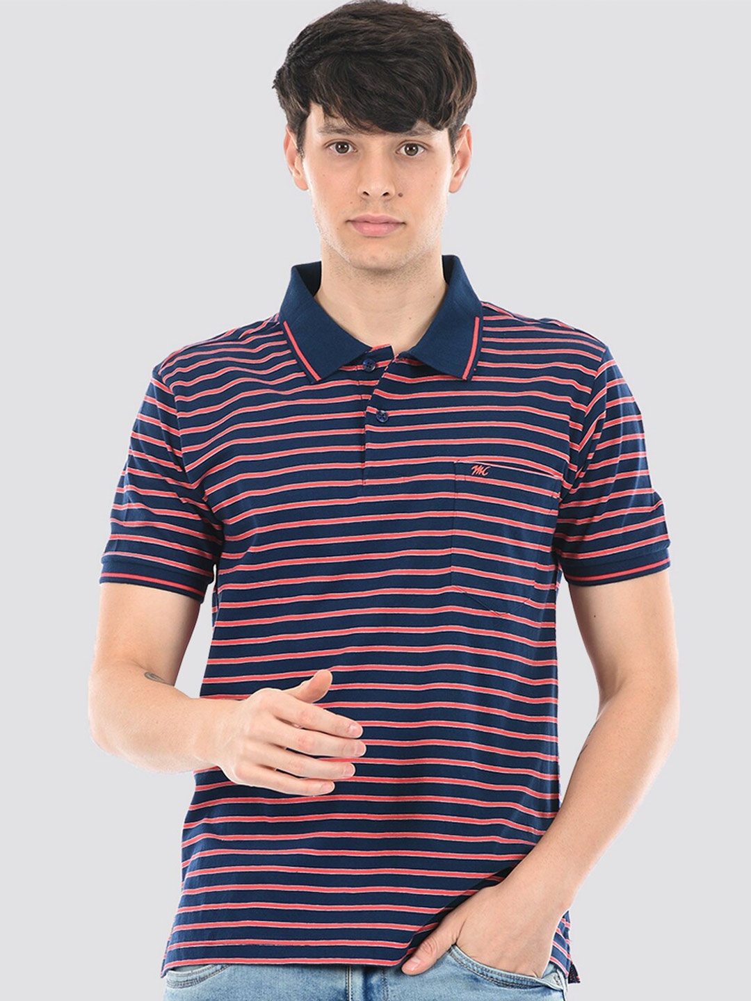 

Monte Carlo Striped Polo Collar Cotton T-shirt, Navy blue