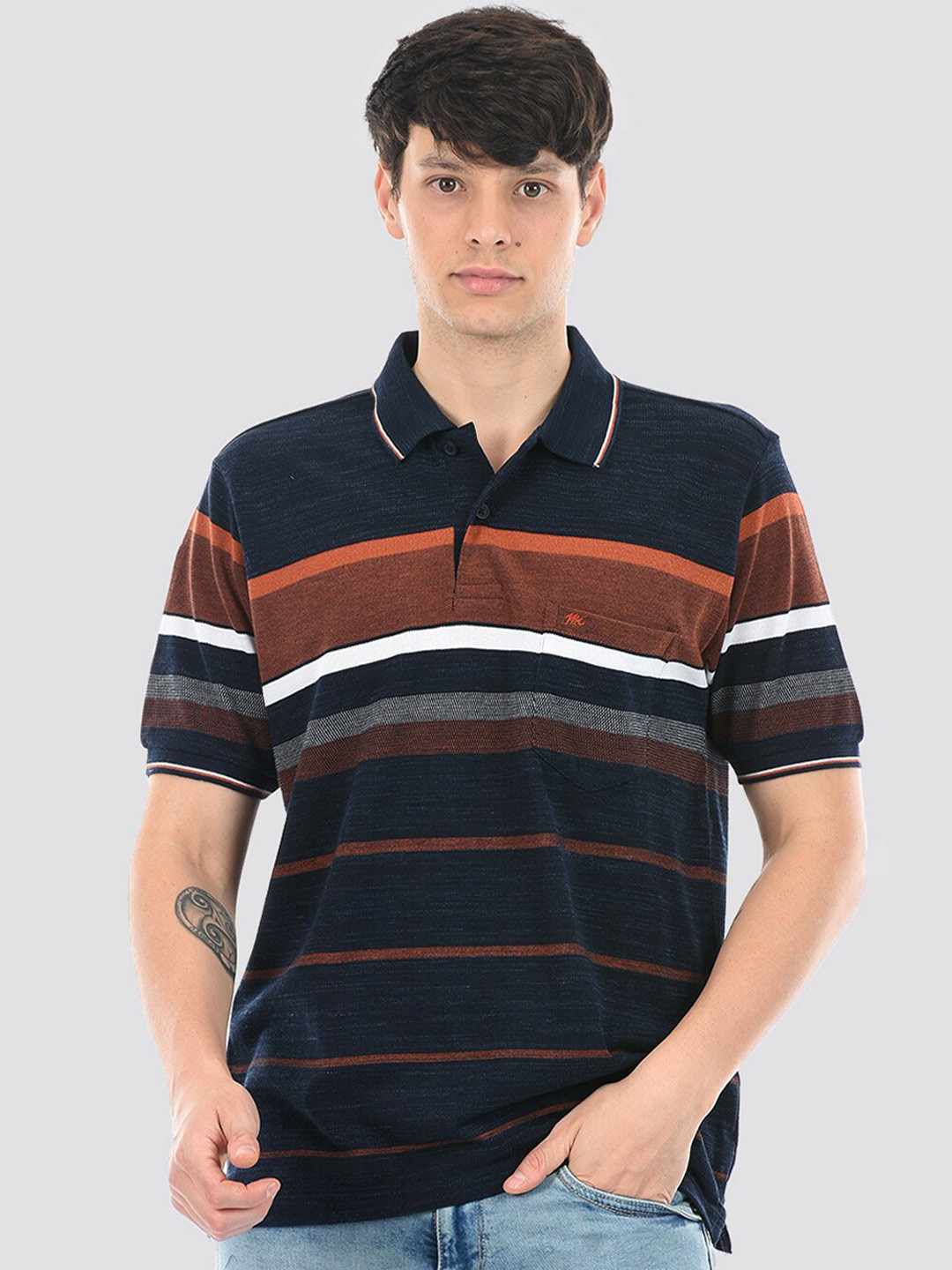 

Monte Carlo Striped Polo Collar Cotton T-shirt, Navy blue
