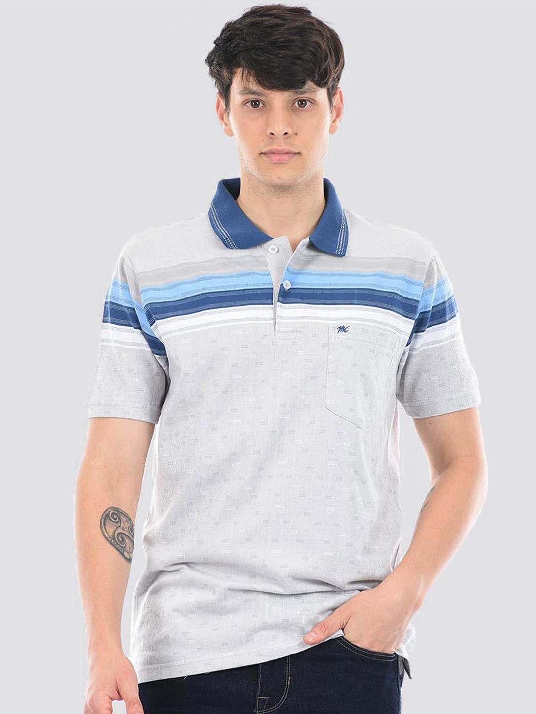 

Monte Carlo Striped Polo Collar Cotton T-shirt, Grey